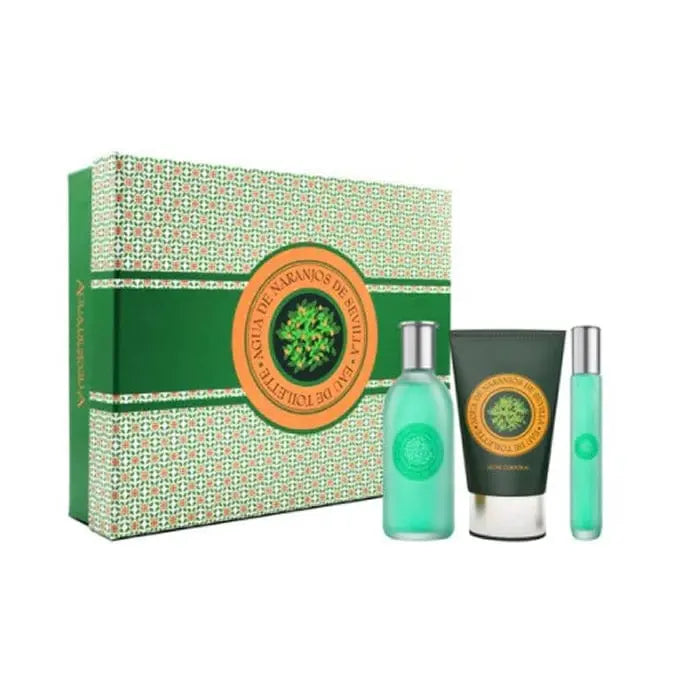 Set of three 125ml Aire De Sevilla Agua De Naranjos Eau De Toilette sprays by Jag Couture London New York, featuring citrus and floral scents.