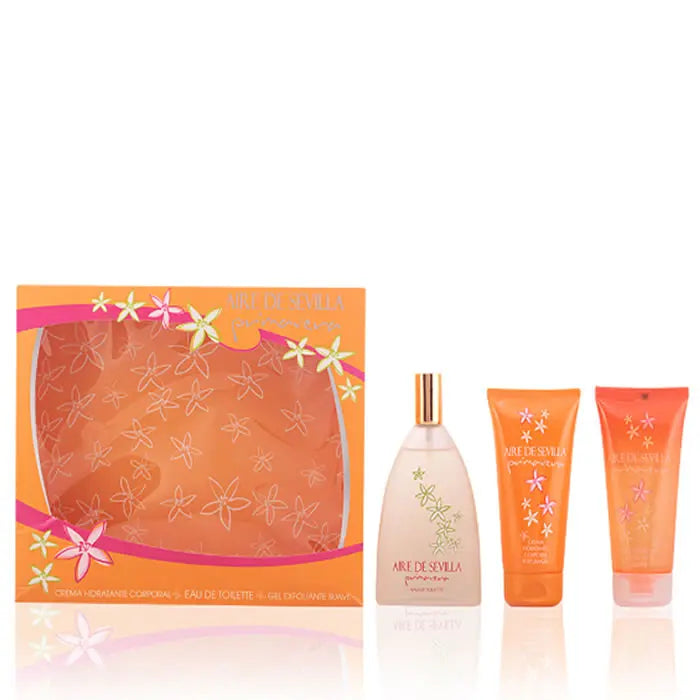 Set of three Aire De Sevilla Primavera Eau De Toilette sprays by Jag Couture London, featuring floral perfume bottles.