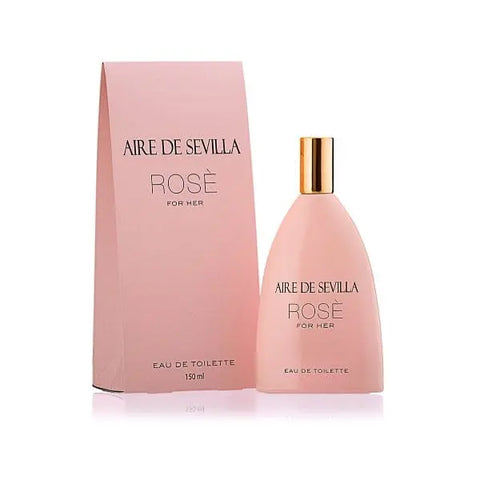 A 150ml Aire De Sevilla Rose Eau De Toilette spray bottle by Jag Couture London New York, with elegant floral packaging.