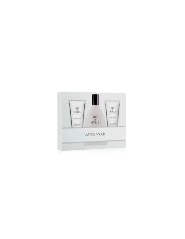 Set of three Aire De Sevilla White Musk fragrances by Jag Couture London - New York, featuring elegant white musk bottles.