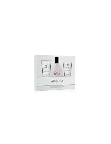 A set of three Aire De Sevilla White Musk perfume bottles by Jag Couture London, displayed with the bottles and packaging.