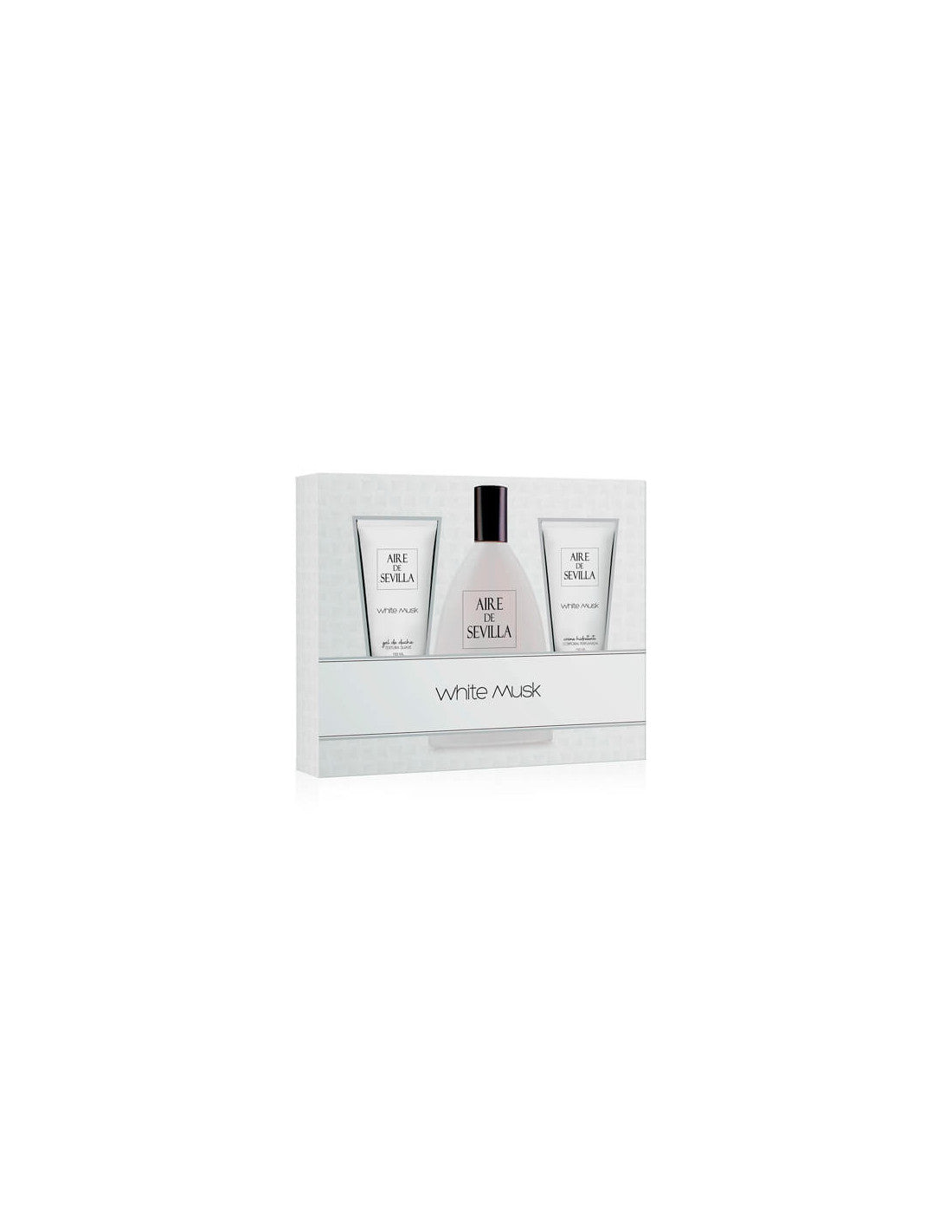 A set of three Aire De Sevilla White Musk fragrances by Jag Couture London New York, featuring elegant white bottles.