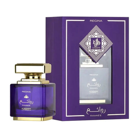 Al Wataniah Regina Rawaee Eau De Parfum 100ml spray bottle by Jag Couture London New York, sleek glass perfume bottle with floral accents.