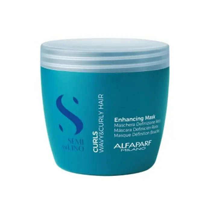 Alfaparf Milano Semi Di Lino Curls Enhancing Mask 500ml jar displayed, showcasing nourishing hair mask for curly hair by Alfaparf Milano.