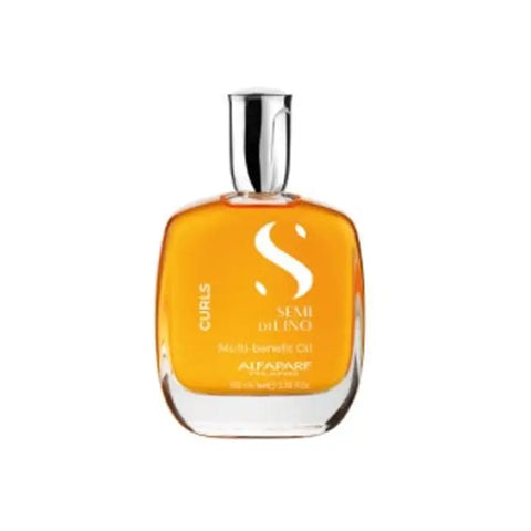 Alfaparf Milano Semi Di Lino Curls Multi-Benefit Oil 100ml bottle displayed with curls and hair care packaging.