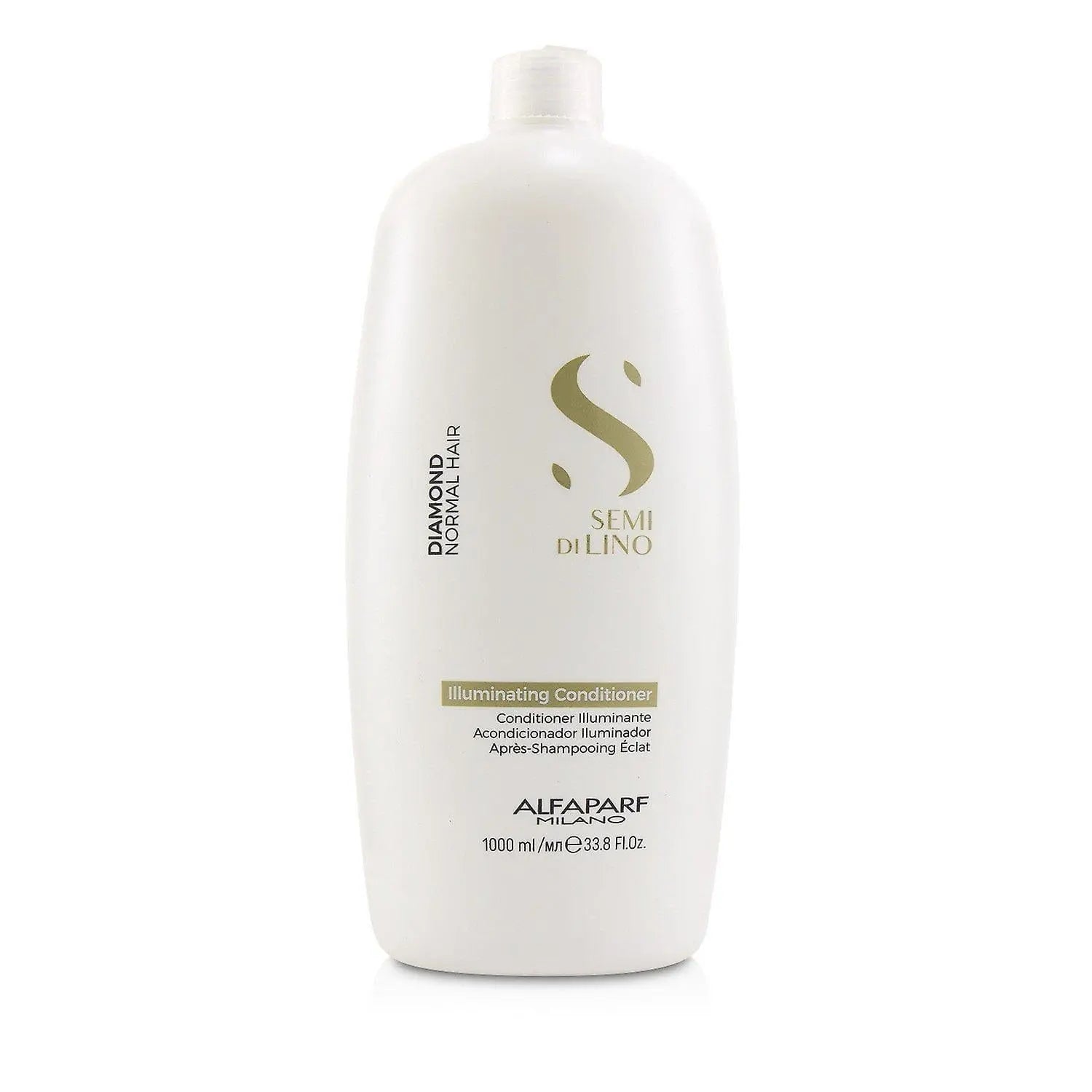 Alfaparf Milano Semi Di Lino Diamond Illuminating Conditioner in a 1000ml bottle, shown with sleek packaging and product label.