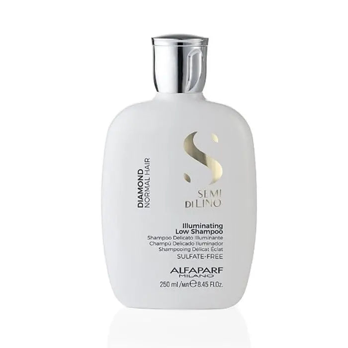Alfaparf Milano Semi Di Lino Diamond Illuminating Low Shampoo bottle, 250ml, with sleek packaging and clear product label.