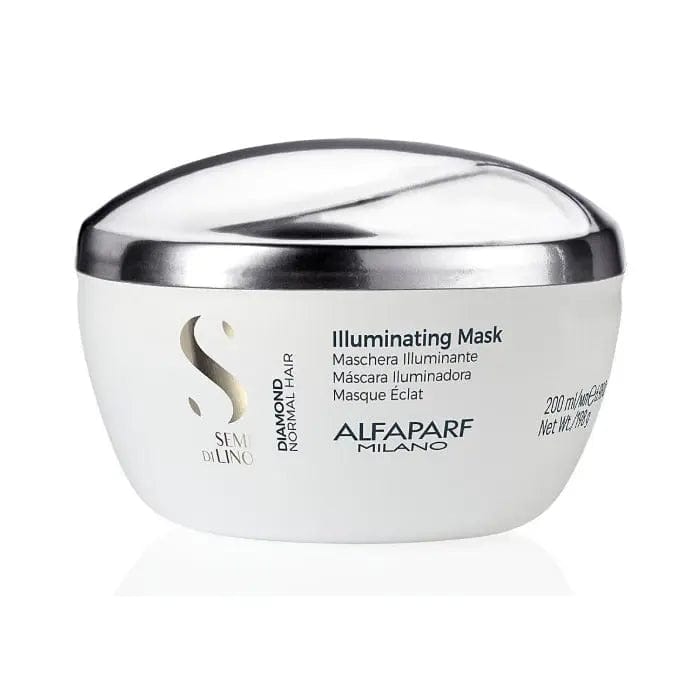 Alfaparf Milano Semi Di Lino Diamond Illuminating Mask 200ml, hair treatment with shine-enhancing formula, in a white jar.
