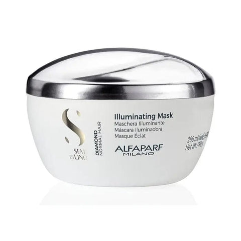 Alfaparf Milano Semi Di Lino Diamond Illuminating Mask 200ml, hair treatment with shine-enhancing formula, in a white jar.
