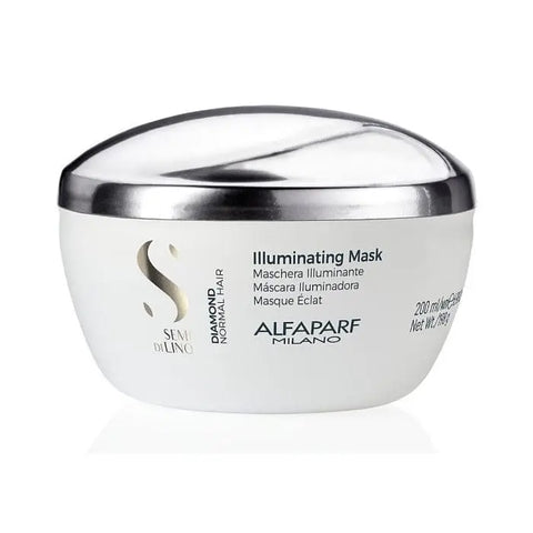 Alfaparf Milano Semi Di Lino Diamond Illuminating Mask in 200ml jar, designed to enhance hair shine and smoothness.