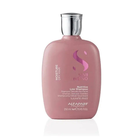 Alfaparf Milano Semi Di Lino Moisture Nutritive Low Shampoo bottle, 250ml, with label and pump dispenser, on a clean background.