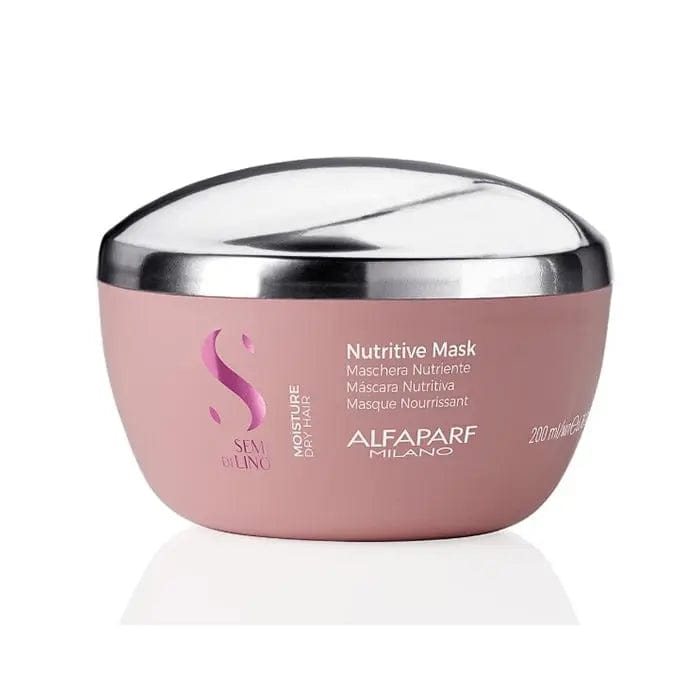 Alfaparf Milano Semi Di Lino Moisture Nutritive Mask 200ml in a white jar, with a silver lid, on a neutral background.