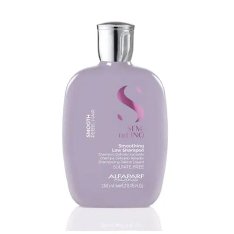 Alfaparf Milano Semi Di Lino Smooth Smoothing Low Shampoo bottle, 250ml, with sleek packaging and blue accents.