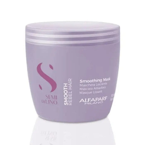 Alfaparf Milano Semi Di Lino Smooth Smoothing Mask 500ml, a nourishing hair treatment in a white jar with a blue label.