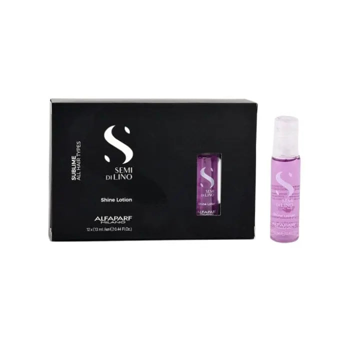 Alfaparf Milano Semi Di Lino Sublime Shine Lotion Ampoules in 12x13ml bottles, displayed with sleek packaging and shiny hair.