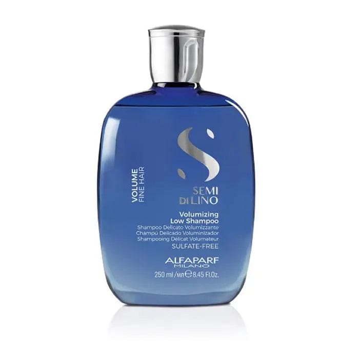 Alfaparf Milano Semi Di Lino Volume volumizing low shampoo bottle, 250ml, with sleek packaging and product label visible.