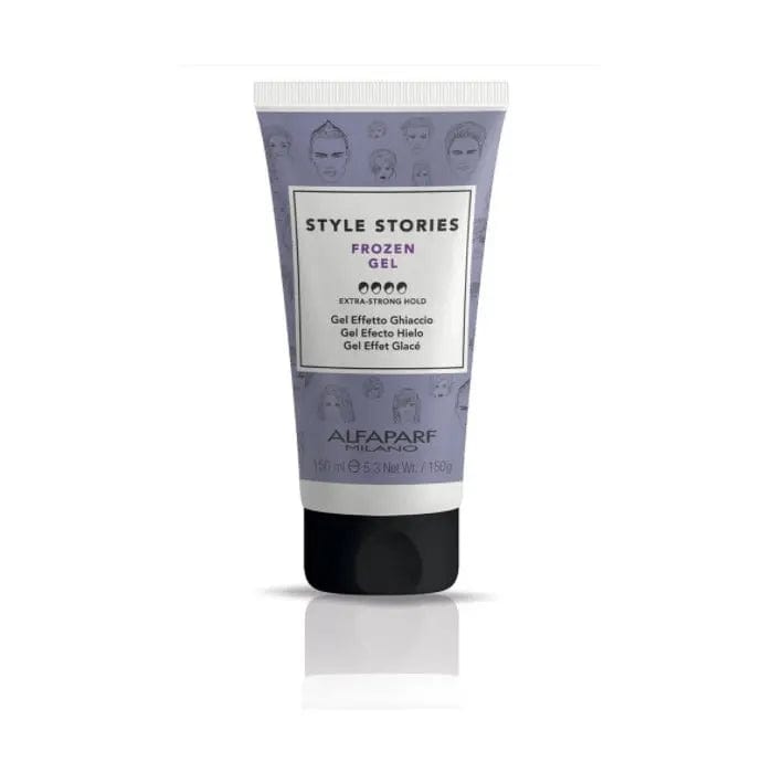 Alfaparf Milano Style Stories Frozen Gel 150ml bottle with clear gel inside, displayed on a neutral background.