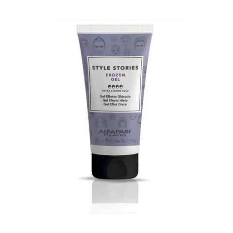 Alfaparf Milano Style Stories Frozen Gel 150ml bottle with clear gel inside, displayed on a neutral background.
