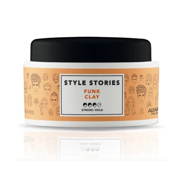 Alfaparf Milano Style Stories Funk Clay 100ml jar with black lid and label, showcasing the styling product for textured hair.