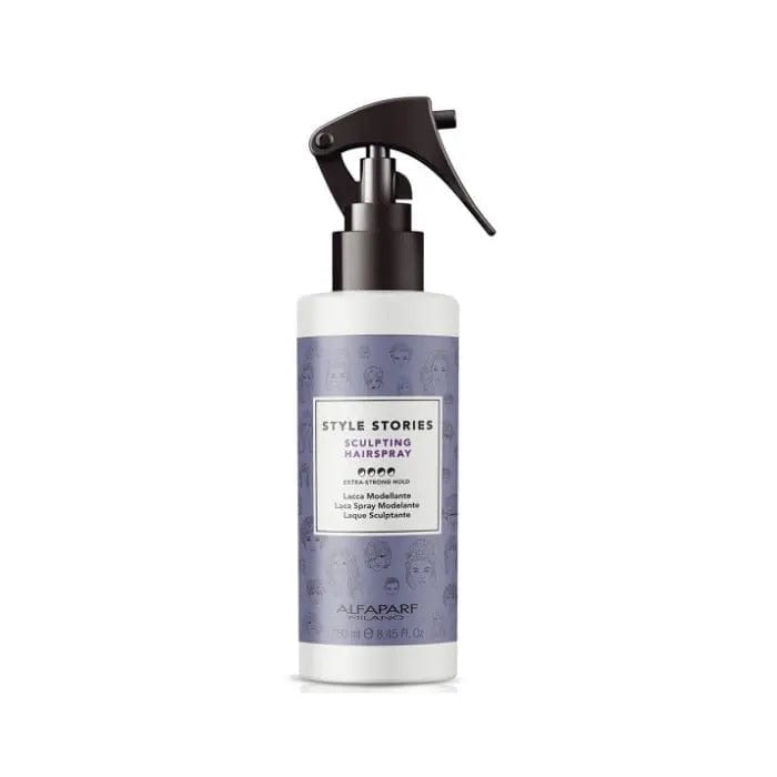 Alfaparf Milano Style Stories Sculpting Spray 250ml bottle with spray nozzle, designed for styling and shaping hair.