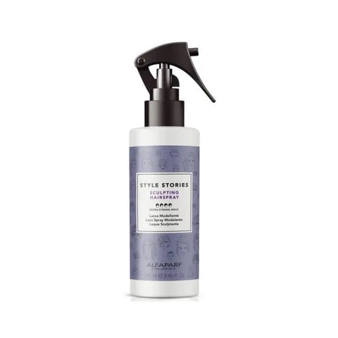 Alfaparf Milano Style Stories Sculpting Spray 250ml bottle with spray nozzle, ideal for styling and shaping hair.