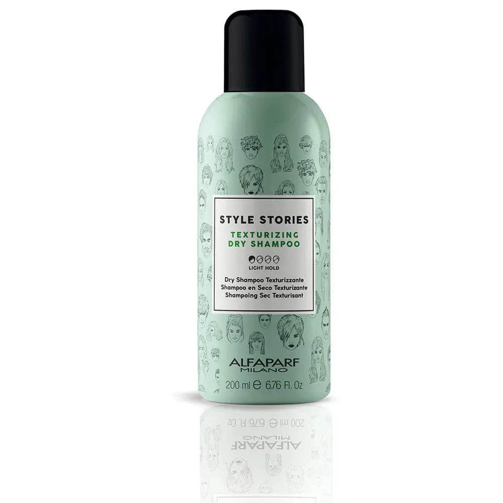 Alfaparf Milano Style Stories Texturizing Dry Shampoo in 200ml bottle, featuring a sleek design and applicator nozzle.