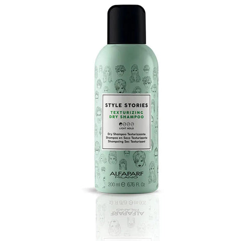 Alfaparf Milano Style Stories Texturizing Dry Shampoo in 200ml bottle, featuring a sleek design and applicator nozzle.
