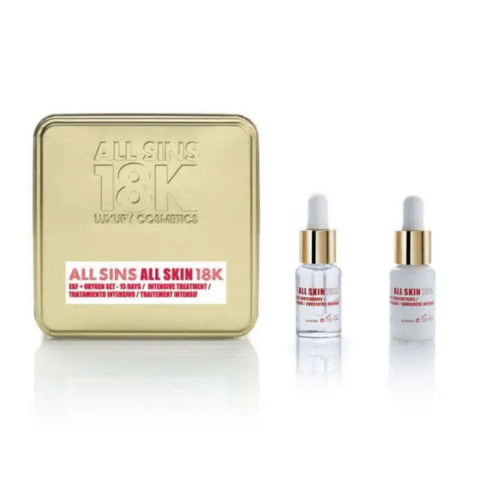Jag Couture London All Sins 18k All Skin EFG Oxygen 15 Days Intensive Treatment Set, two-piece skincare kit on white background.