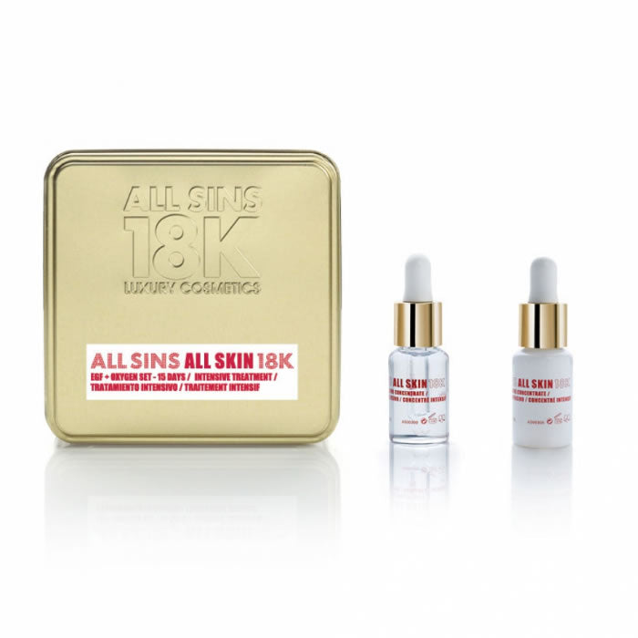 Jag Couture London All Sins 18k All Skin EFG Oxygen 15 Days Intensive Treatment Set, two skincare products in sleek packaging.