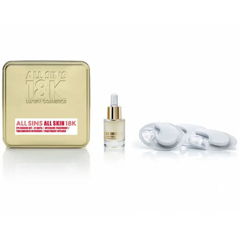 Jag Couture London All Sins 18k All Skin Eye Rescue 21 Days Treatment Set, featuring two skincare pieces for eye area rejuvenation.