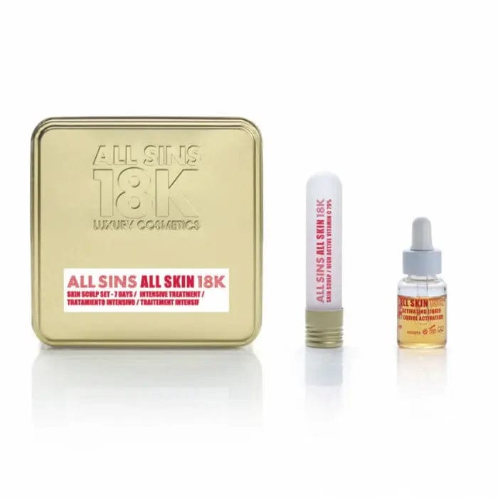 Jag Couture London All Sins 18k All Skin Sculp 7-Day Intensive Treatment Set, two-piece skincare kit with elegant packaging.
