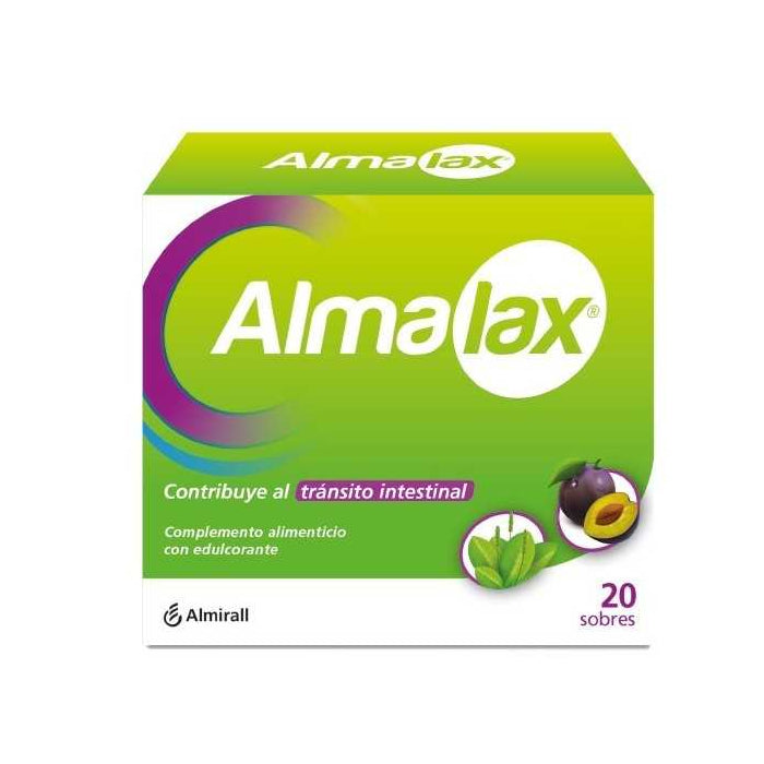 Almirall Almalax 3g laxative envelopes by Jag Couture London - New York, showing 20 individual envelopes on a white background.