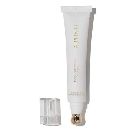 Alpha H Liquid Gold Firming Eye Cream in 15ml jar, featuring a sleek container with the product label visible.