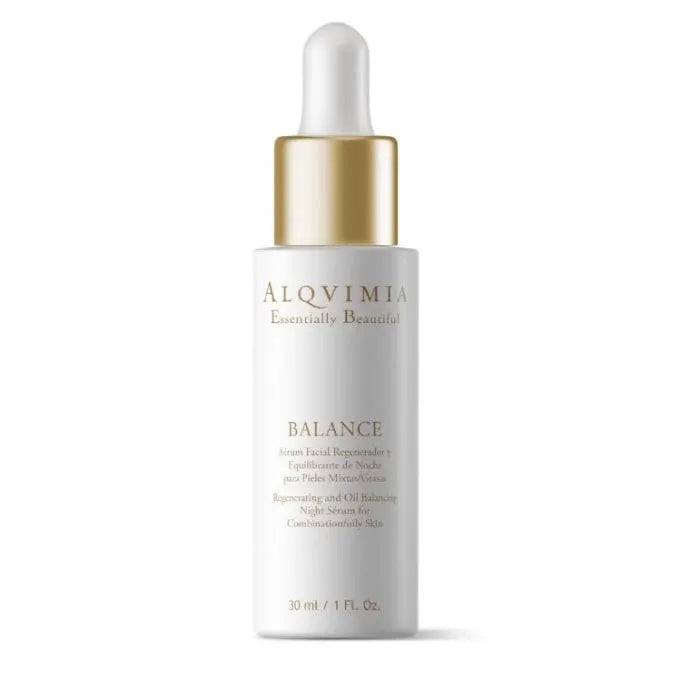 Alqvimia Balance Facial Night Serum for mixed skin in a 30ml bottle, featuring sleek packaging from Jag Couture London-New York.