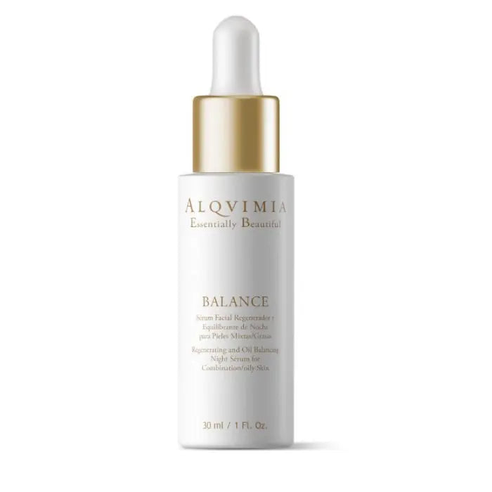 Alqvimia Balance Facial Night Serum for mixed skin in a 30ml bottle, displayed with a sleek dropper and elegant packaging.