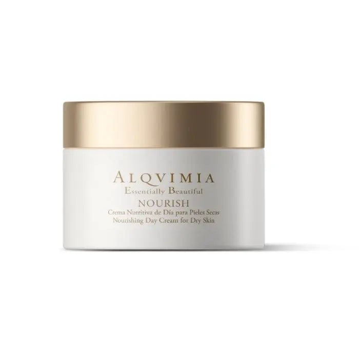 Alqvimia Essentially Beautiful Nourishing Day Cream for dry skin in 50ml jar, with natural ingredients and elegant packaging.