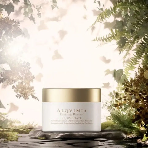 Alqvimia Rejuvenate Facial Day Cream in 50ml jar, featuring a luxurious cream for skin rejuvenation, displayed alongside packaging.