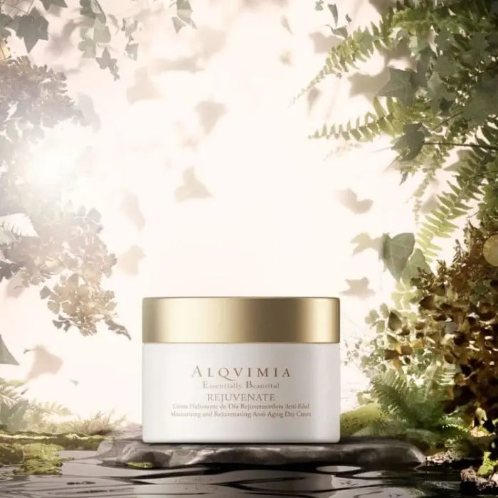 Alqvimia Rejuvenate Facial Day Cream in 50ml jar, featuring a smooth cream texture for revitalizing and nourishing skin.