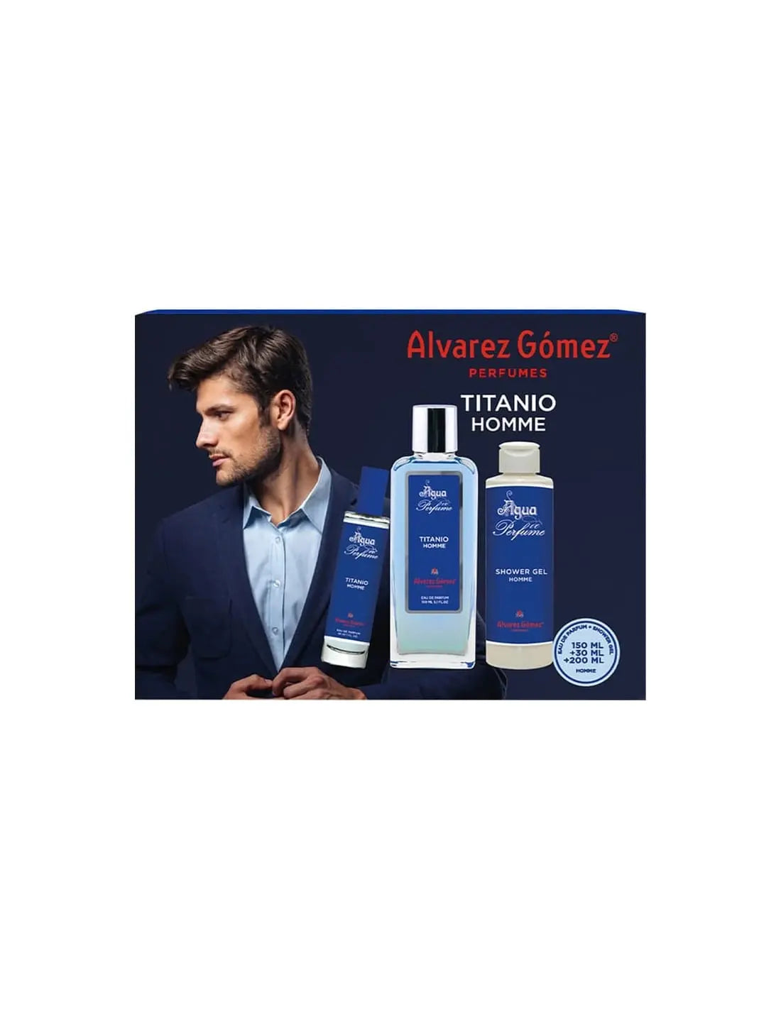 Alvarez Gómez Agua de Perfume Homme Edp 150ml Titanio set with sleek bottle and packaging, showcasing elegant fragrance design.