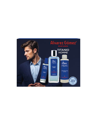 Alvarez Gómez Agua de Perfume Homme Edp 150ml Titanio set, featuring a sleek bottle and packaging, by Jag Couture London New York