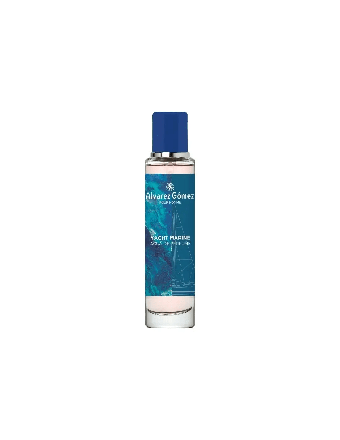 Alvarez Gómez Yacht Marine Pour Homme perfume bottle, marine scent, elegant design, on a neutral background.