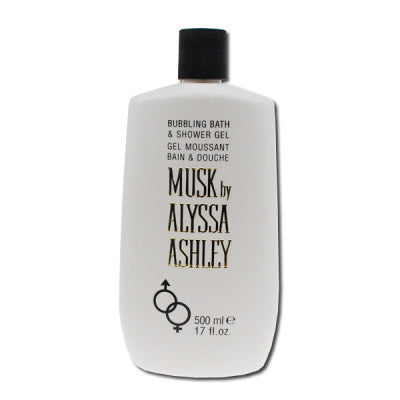 Alyssa Ashley Musk bubbling bath and shower gel in 500ml bottle, designed for luxurious bath and shower use.