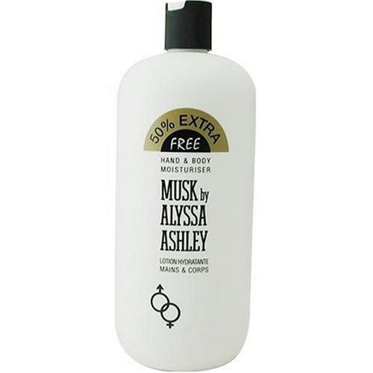 A 500ml bottle of Alyssa Ashley Musk hand and body moisturizer by Jag Couture London New York, with pump dispenser and elegant label.