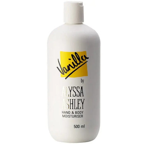A 500ml bottle of Alyssa Ashley Vanilla Hand & Body Moisturizer by Jag Couture London - New York, with vanilla-scented lotion visible.