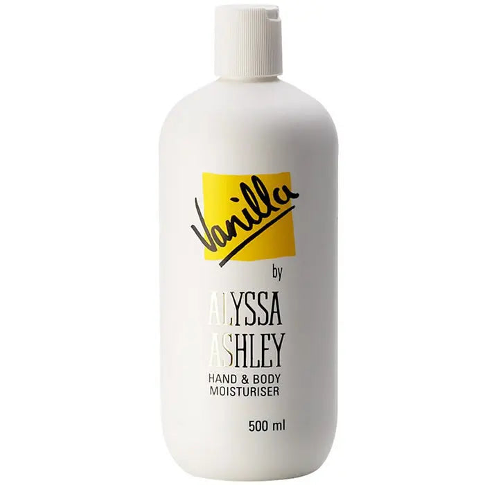 Alyssa Ashley Vanilla Hand and Body Moisturizer 500ml bottle with a clear pump dispenser and vanilla-scented label.