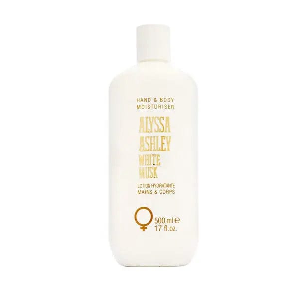 A 500ml bottle of Alyssa Ashley White Musk hand and body moisturizer by Jag Couture London New York, with white musk scent and sleek packaging.