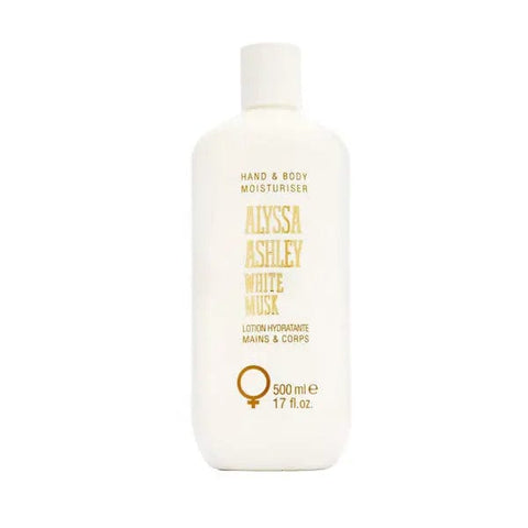 A 500ml bottle of Alyssa Ashley White Musk hand and body moisturizer by Jag Couture London New York, with white musk scent and sleek packaging.
