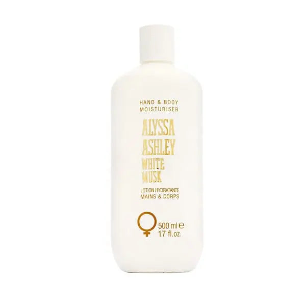 A 500ml bottle of Alyssa Ashley White Musk hand and body moisturizer by Jag Couture London New York, with white and silver packaging.