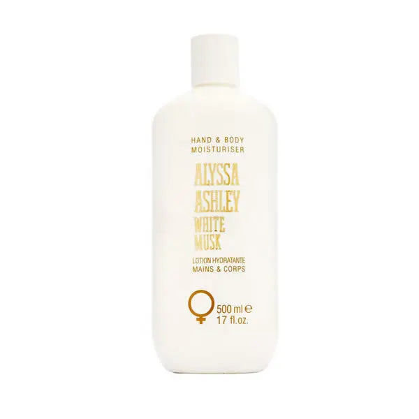 A 500ml white musk hand and body moisturizer bottle from Alyssa Ashley, with elegant packaging and a soft, floral scent.