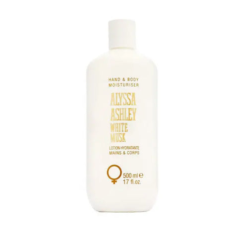 A 500ml white musk hand and body moisturizer bottle from Alyssa Ashley, with elegant packaging and a soft, floral scent.